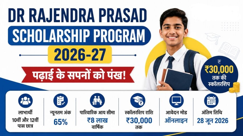 10वीं-12वीं पास छात्रों को मिलेगी ₹30,000 तक स्कॉलरशिप, आवेदन शुरू 4 Dr Rajendra Prasad Scholarship Program 2026-27 scholarship details